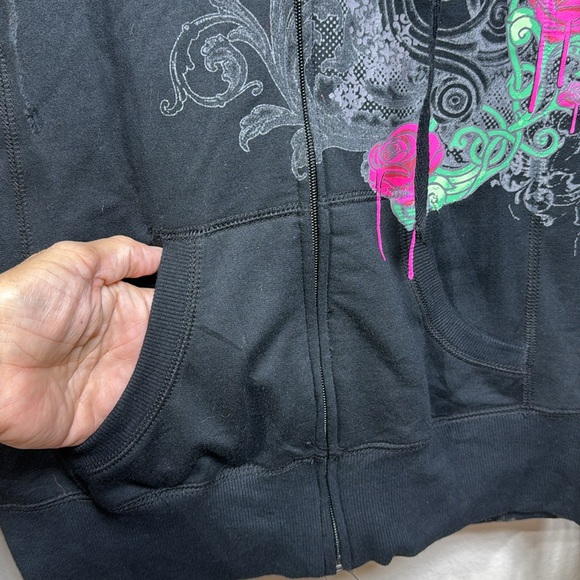 (W3) Self esteem, Y2K Vintage Floral Skull Print  Style Up Hooded Jacket W, Sz M - Picture 8 of 10